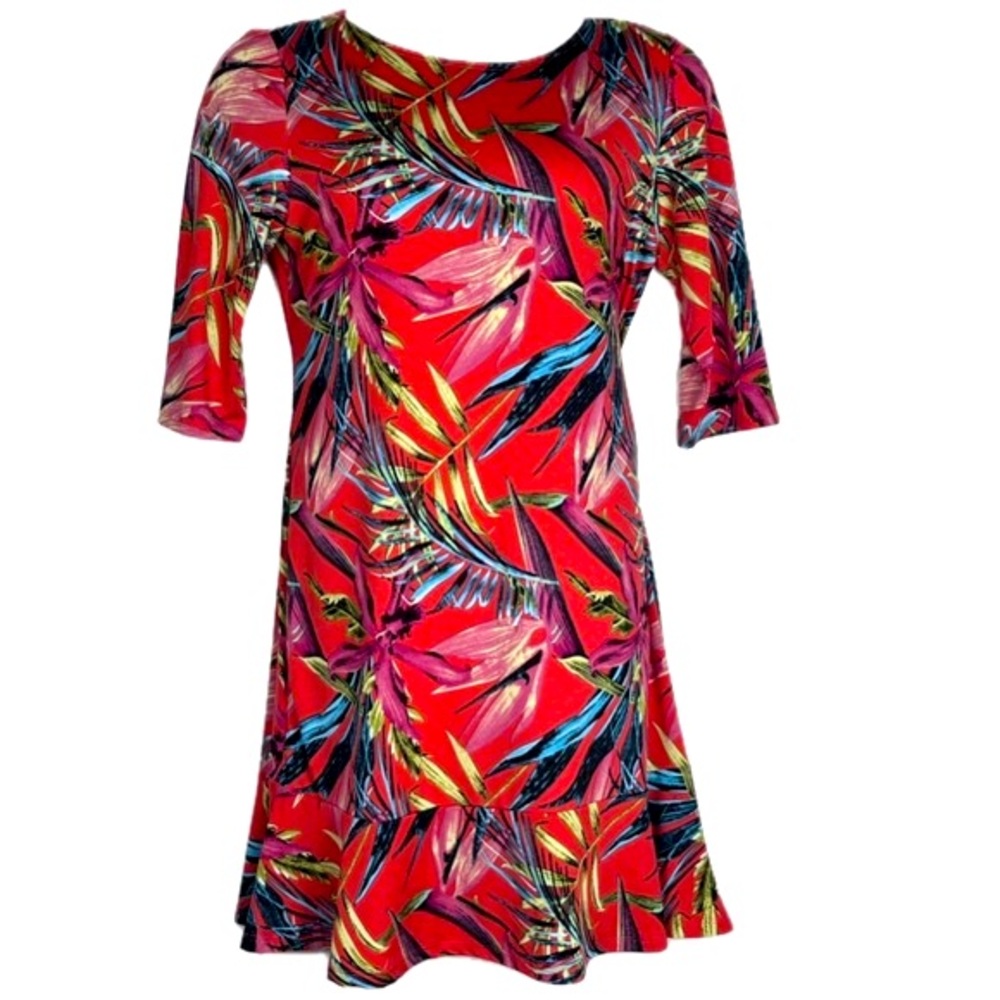 Floral Dress Large Red Stretch Pull Over Short Colorful Tropical Hawaii Comfy